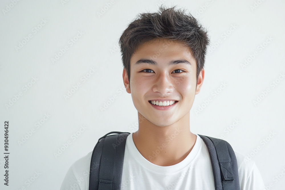 Asian teenage student carrying school bag on white background, student happy back to school Asian teenage student carrying school bag on white background, student happy back to school