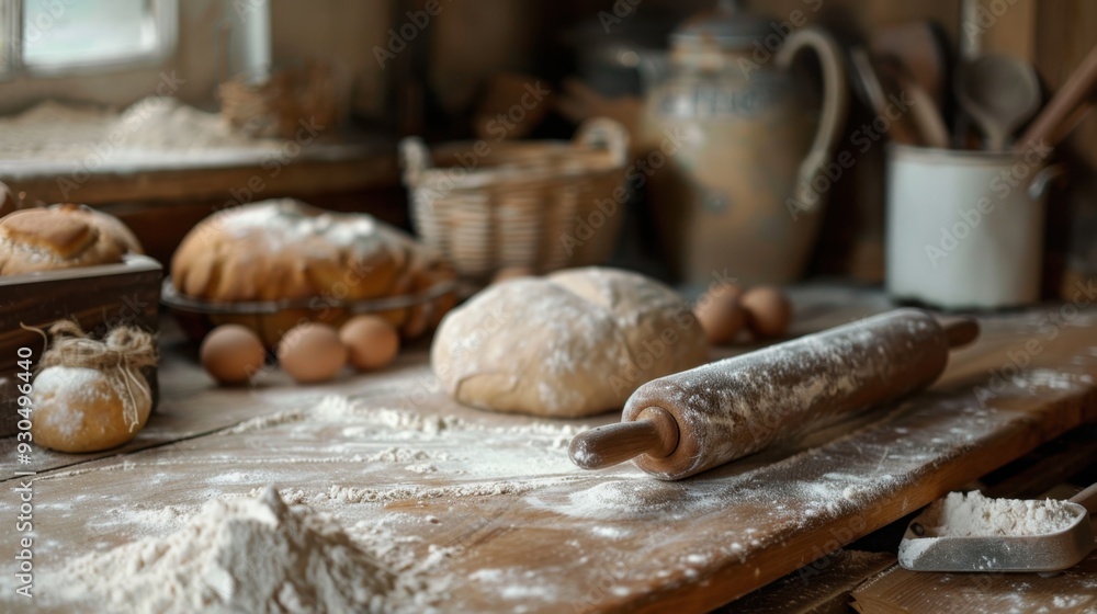 A rustic kitchen with bread dough rising, a rolling pin, and flour scattered on the counter A rustic kitchen with bread dough rising, a rolling pin, and flour scattered on the counter