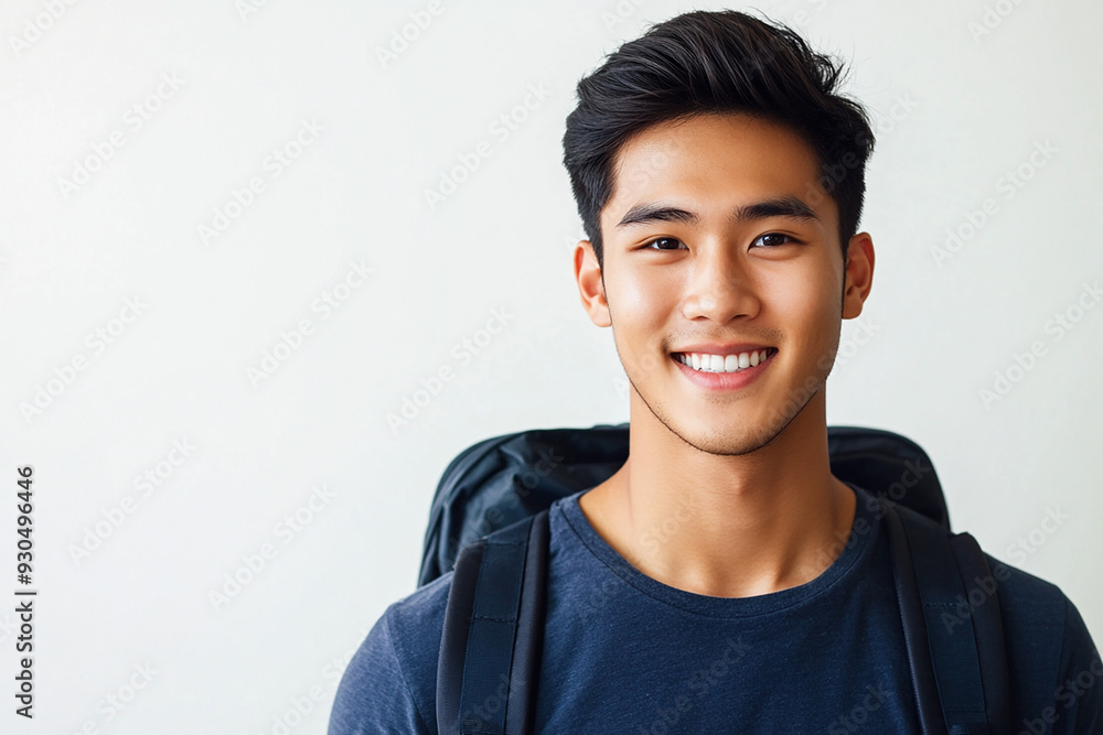 Asian teenage student carrying school bag on white background, student happy back to school Asian teenage student carrying school bag on white background, student happy back to school