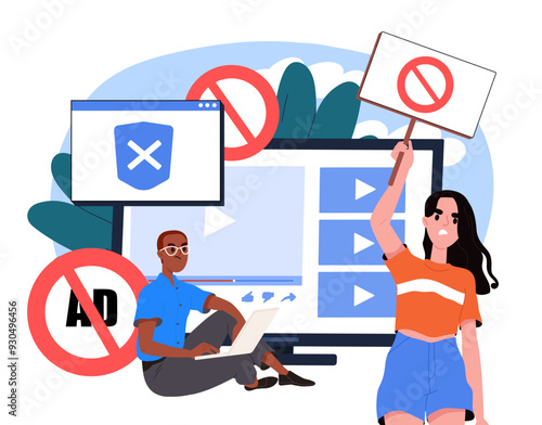 People with prohibited content. Man and woman near blocked sites. Users without access to Internet pages. Forbidden webpages. Flat vector illustration isolated on white background