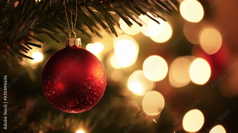 Red Christmas Ornament Hanging on Tree Branch with Warm Bokeh Lights. Red Christmas Ornament Hanging on Tree Branch with Warm Bokeh Lights.