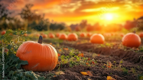  pumpkin patch at sunset, with vibrant orange pumpkins scattered across the field under a glowing sky