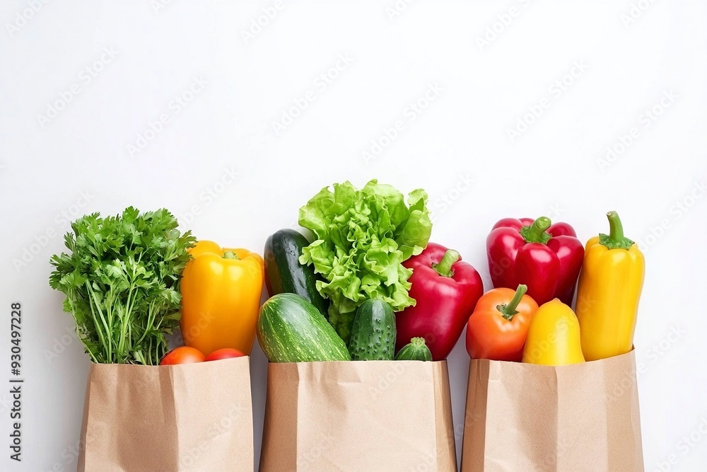 Healthy food background. Healthy food in paper bag vegetables and fruits on white. Food delivery, shopping food supermarket concept. Generative Ai Healthy food background. Healthy food in paper bag vegetables and fruits on white. Food delivery, shopping food supermarket concept. Generative Ai
