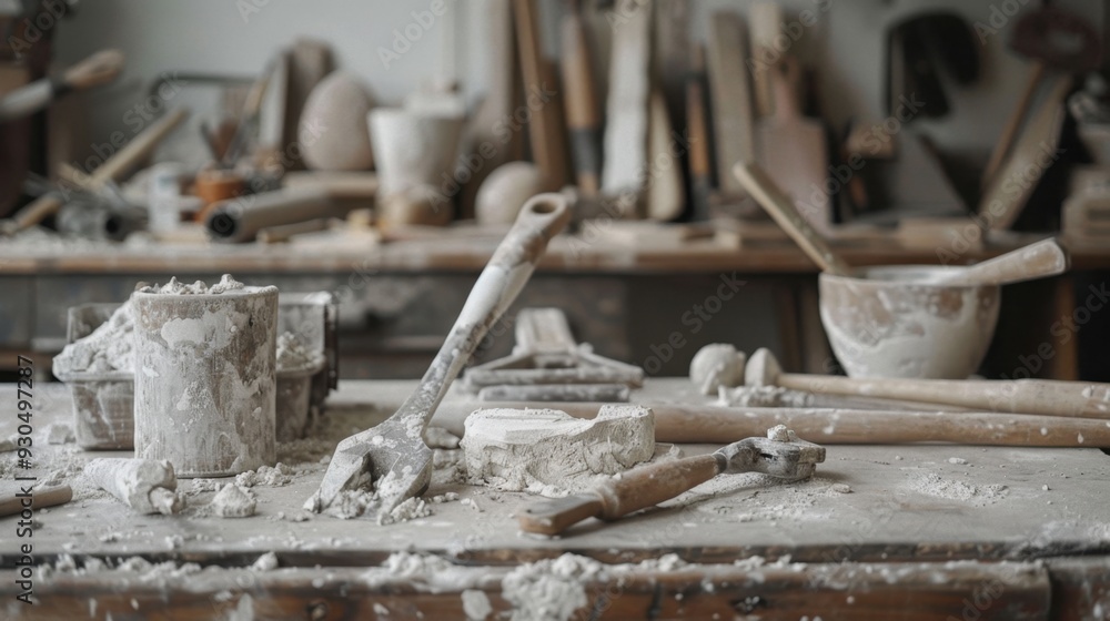 A set of construction tools coated with dried white cement, resting on a workbench A set of construction tools coated with dried white cement, resting on a workbench