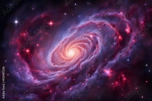 A deep space galaxy with swirling red and purple gases illuminated by the light of countless stars, AI Generated