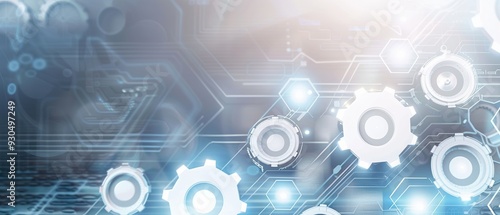 Abstract digital background with gears and circuits for technology and innovation concepts.