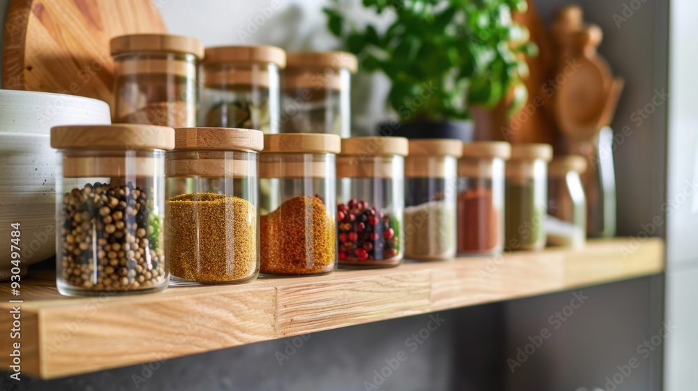 A set of matching spice jars with labeled lids, neatly arranged on a kitchen shelf A set of matching spice jars with labeled lids, neatly arranged on a kitchen shelf