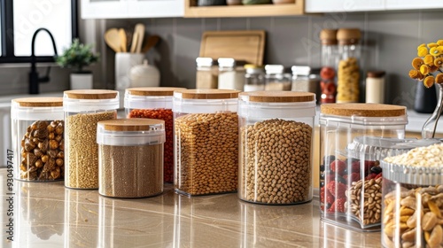 A set of matching food storage containers filled with grains and cereals, displayed on a kitchen counter