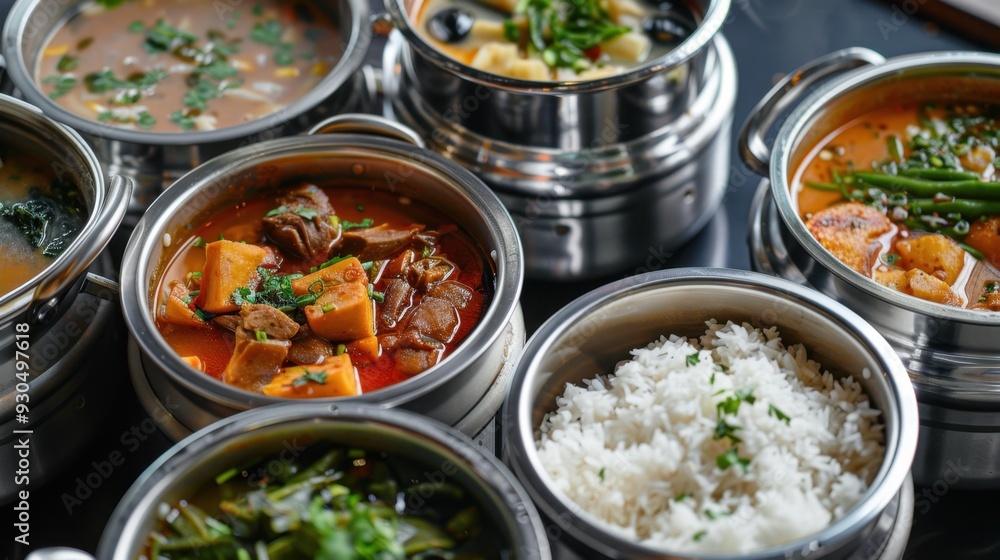 A set of stainless steel containers filled with hot soup, rice, and side dishes A set of stainless steel containers filled with hot soup, rice, and side dishes