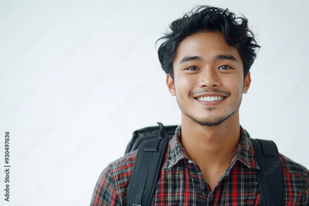 Asian teenage student carrying school bag on white background, student happy back to school Asian teenage student carrying school bag on white background, student happy back to school