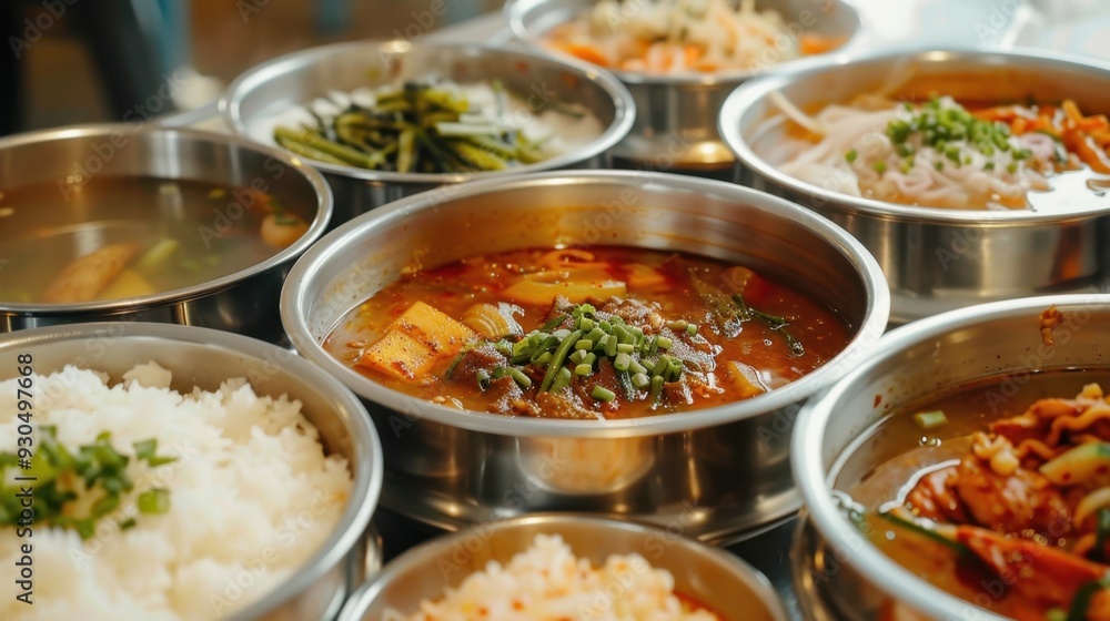 A set of stainless steel containers filled with hot soup, rice, and side dishes A set of stainless steel containers filled with hot soup, rice, and side dishes