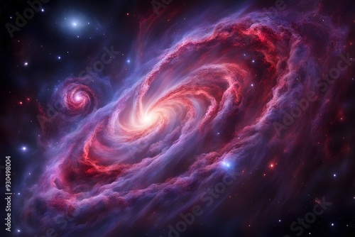 A deep space galaxy with swirling red and purple gases illuminated by the light of countless stars, AI Generated