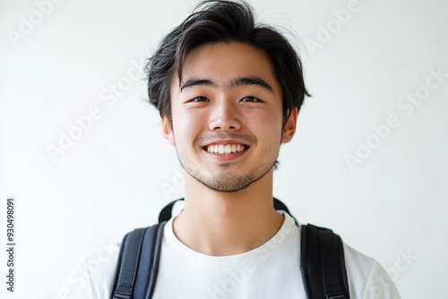 Asian teenage student carrying school bag on white background, student happy back to school