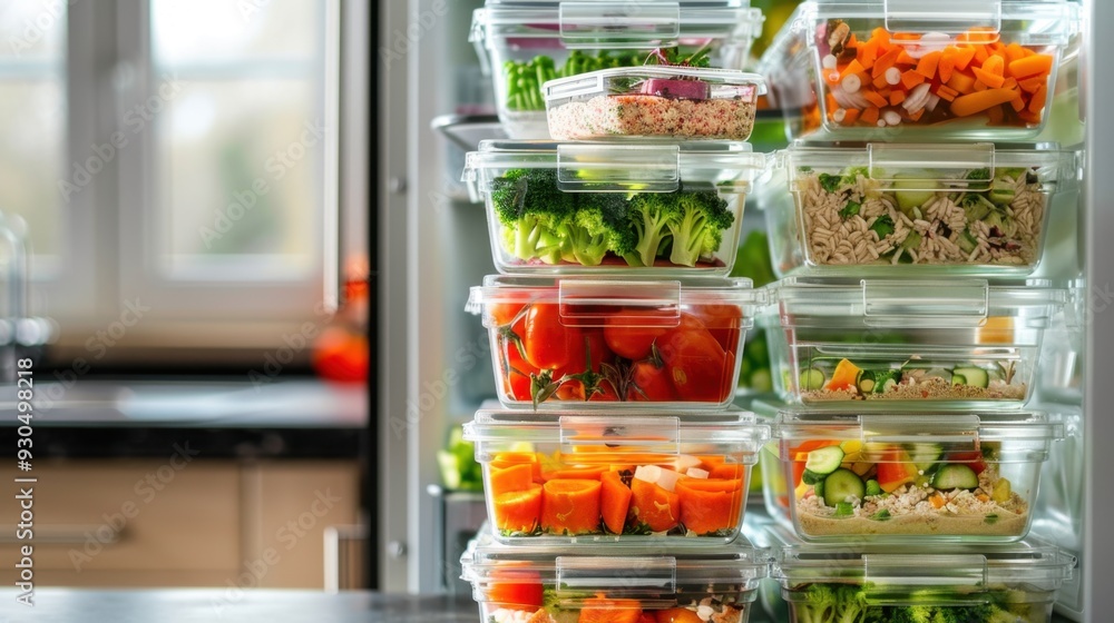 A stack of glass meal prep containers with healthy meals for the week, stored in the fridge A stack of glass meal prep containers with healthy meals for the week, stored in the fridge