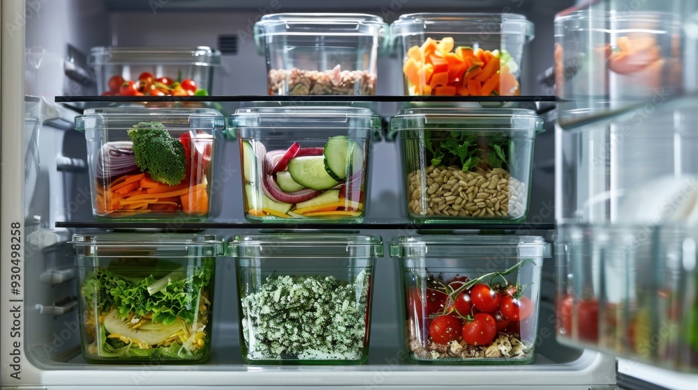 A stack of glass meal prep containers with healthy meals for the week, stored in the fridge A stack of glass meal prep containers with healthy meals for the week, stored in the fridge