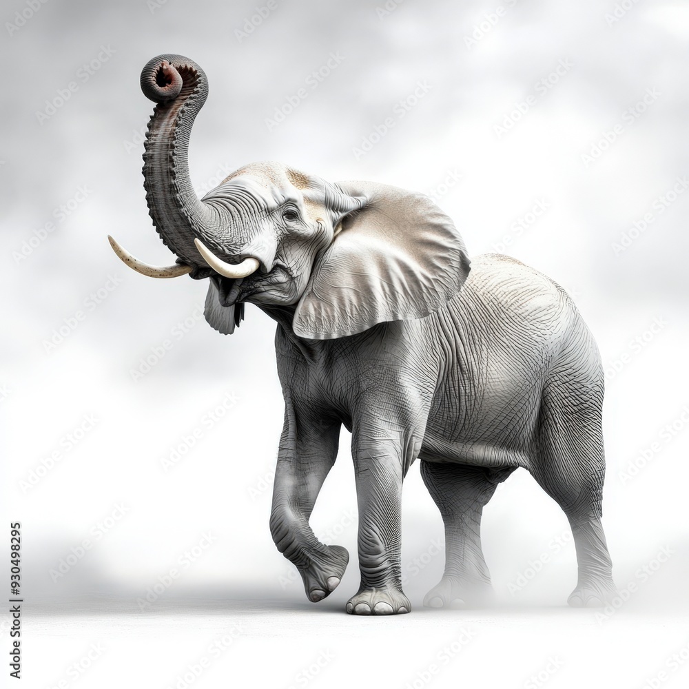 Obraz premium A majestic elephant stands proudly amidst a soft, foggy backdrop, showcasing its grandeur and natural beauty.