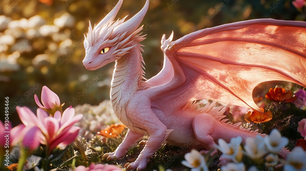 Ethereal Pink Dragon with Butterfly Wings Fluttering Over Vibrant Garden - Unreal Engine Rendering Capturing Delicate Beauty