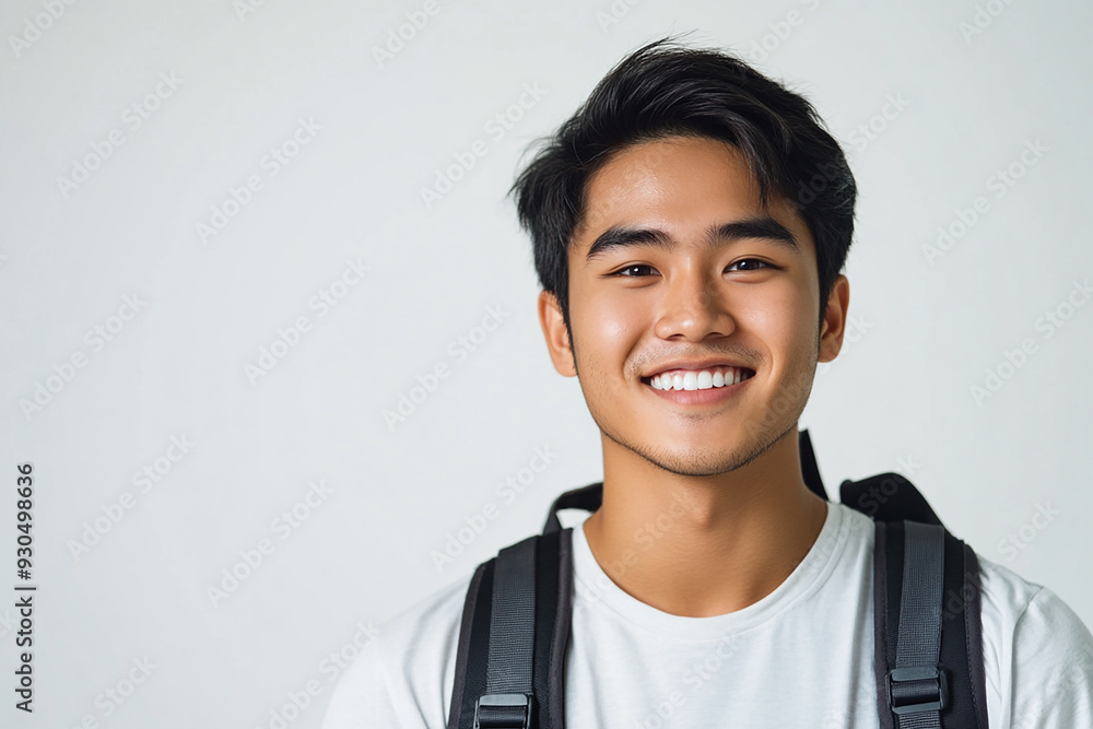 Asian teenage student carrying school bag on white background, student happy back to school Asian teenage student carrying school bag on white background, student happy back to school