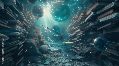A surreal underwater world where fish swim through floating books and glowing orbs