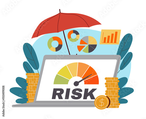 Risk indicator on laptop. Gauge meter at computer screen. Risk assessment for bank, entrepreneur, investor and trader. Financial infographics. Flat vector illustration isolated on white background