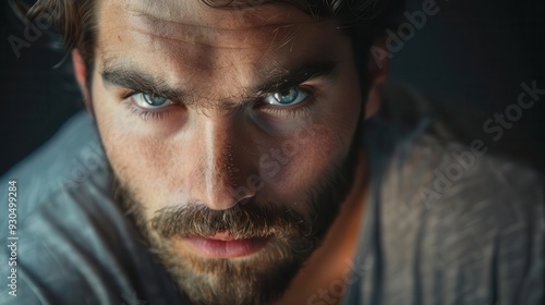 Close-up portrait of a bearded man with intense blue eyes, emphasizing a captivating and focused look.