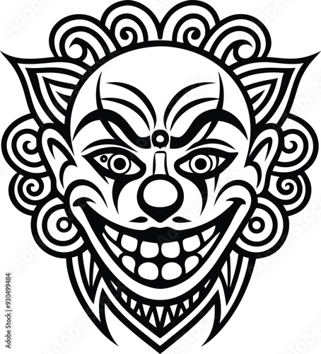 clown modern tribal tattoo illustration black and white