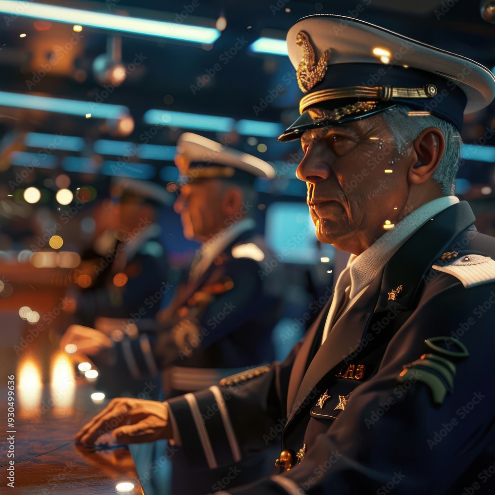 High-ranking military officers strategize in a control room, highlighting leadership and preparation under dramatic lighting. High-ranking military officers strategize in a control room, highlighting leadership and preparation under dramatic lighting.