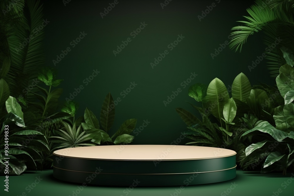 Green 3D Podium with Plants Background, podium for eco-friendly product display background, Podium Background, 3D Podium Background, Pedestal with Leaves, Podium with Tropical leaves, AI Generative
