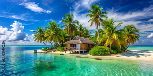 Tropical island paradise with palm trees and beach house, perfect for a relaxing getaway