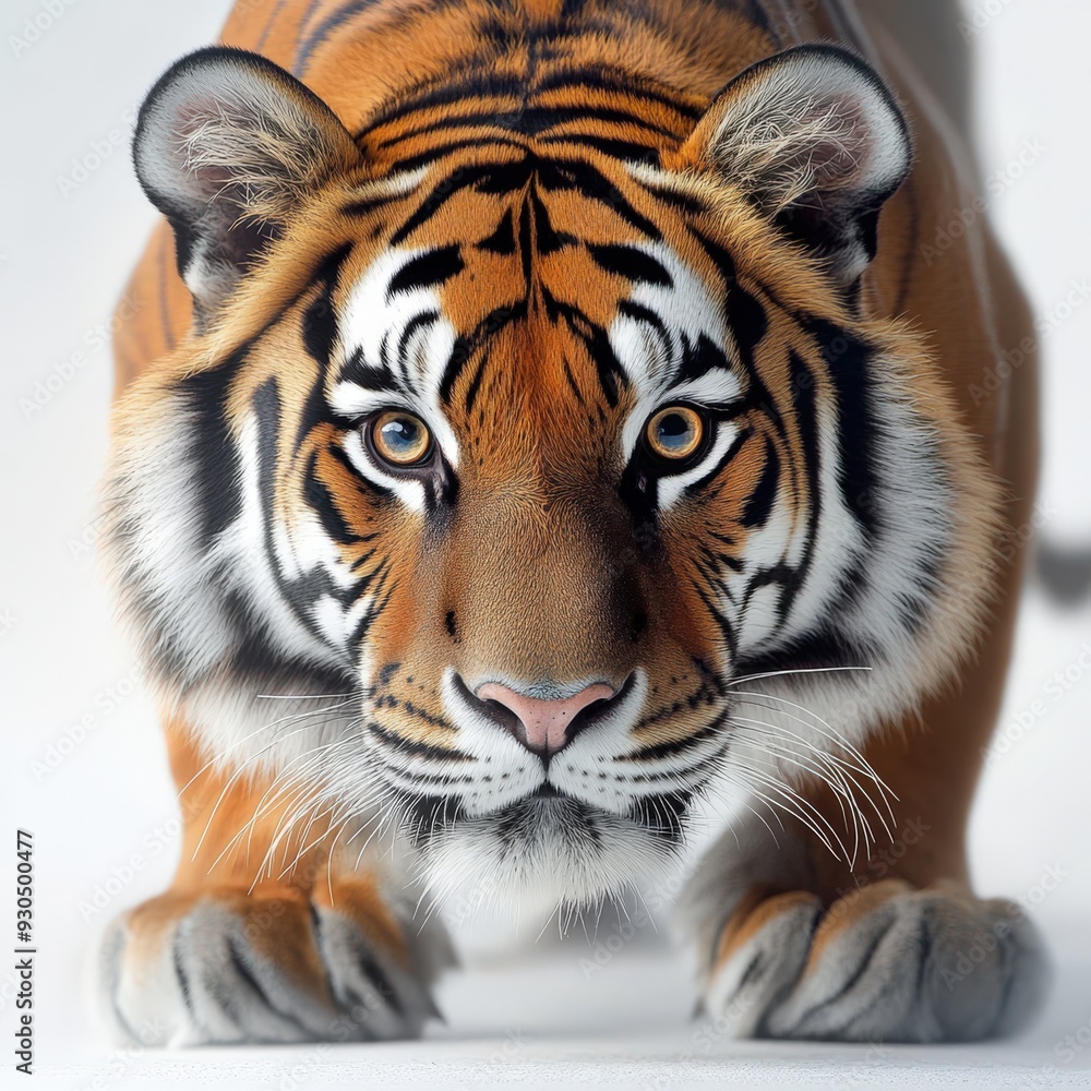 Fototapeta premium A majestic tiger prowling with focused eyes, showcasing its powerful build and striking orange-black stripes in a captivating pose.
