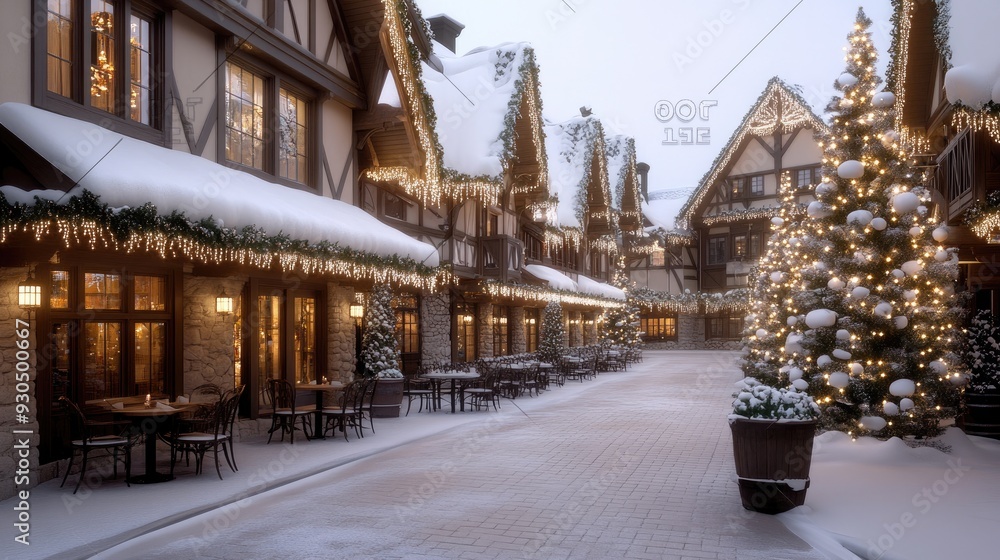 Snow blankets the ground as warm lights illuminate the festive street, lined with decorated trees and cozy cafe tables inviting visitors to enjoy the holiday charm Snow blankets the ground as warm lights illuminate the festive street, lined with decorated trees and cozy cafe tables inviting visitors to enjoy the holiday charm