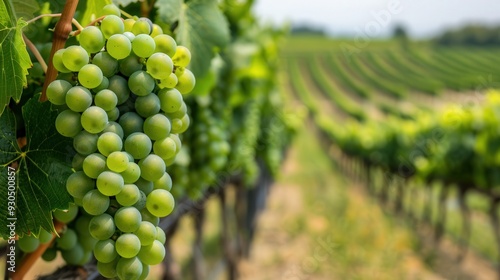 Lush Green Grapevines in Abundant Vineyard, Close-up view capturing vibrant green leaves, thriving tendrils, and the expansive vineyard landscape behind them photo