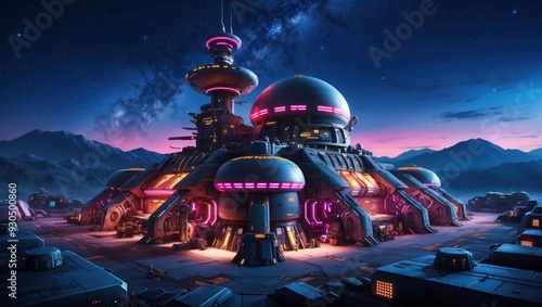 Fototapeta Naklejka Na Ścianę i Meble -  Illustration game art space architecture of science stations illuminated by moonlight