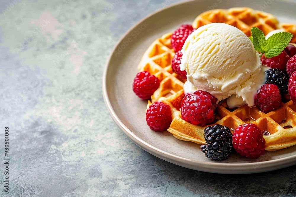 Homemade waffles with summer berries and a scoop of ice cream in plate on grey table with text space. Heart shaped waffles. Generative Ai Homemade waffles with summer berries and a scoop of ice cream in plate on grey table with text space. Heart shaped waffles. Generative Ai