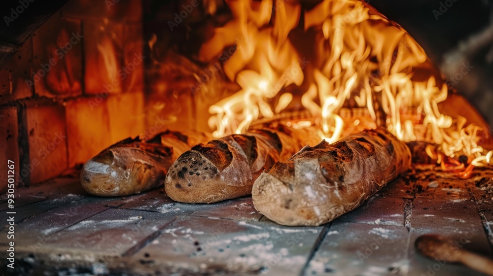 Fototapeta premium Bread being baked in a traditional brick oven, with flames and heat visible