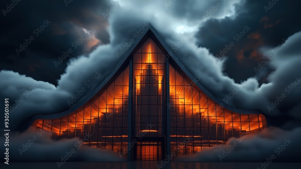 Fototapeta premium Modern glass building with a glowing orange interior set against a dramatic, cloudy sky. The structure has an angular design and is partially surrounded by fog.