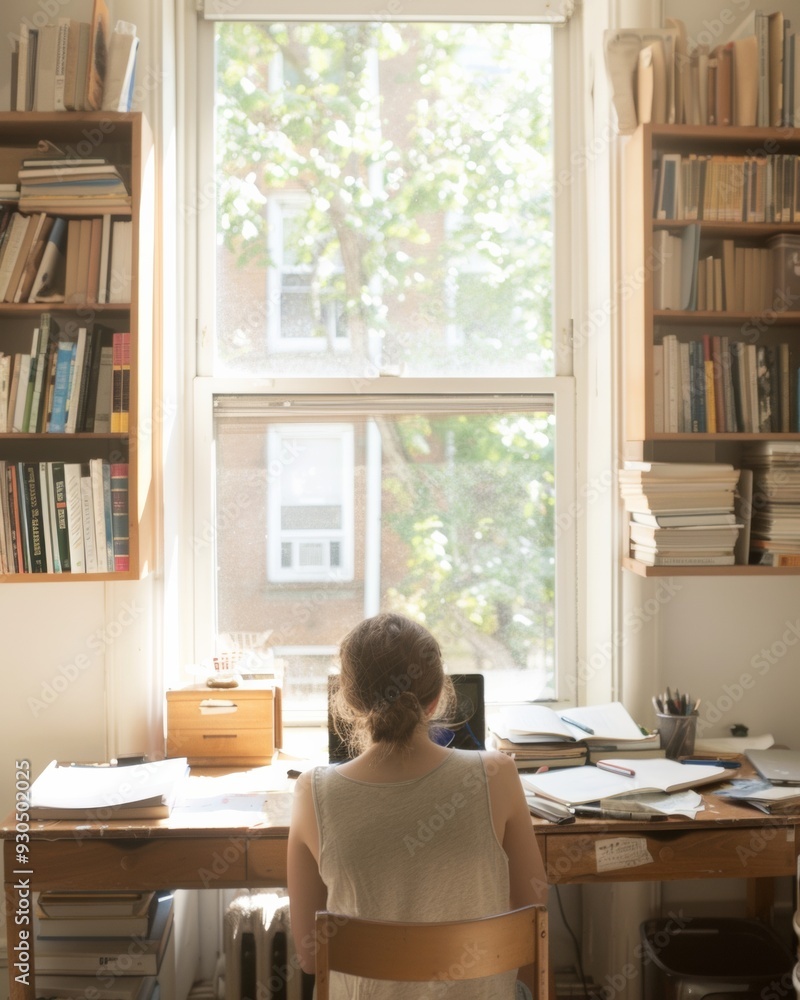 Young Medium-Skinned Female Studying in Well-Organized Dorm Room with Books, Laptop, and Notes in Daylight Young Medium-Skinned Female Studying in Well-Organized Dorm Room with Books, Laptop, and Notes in Daylight