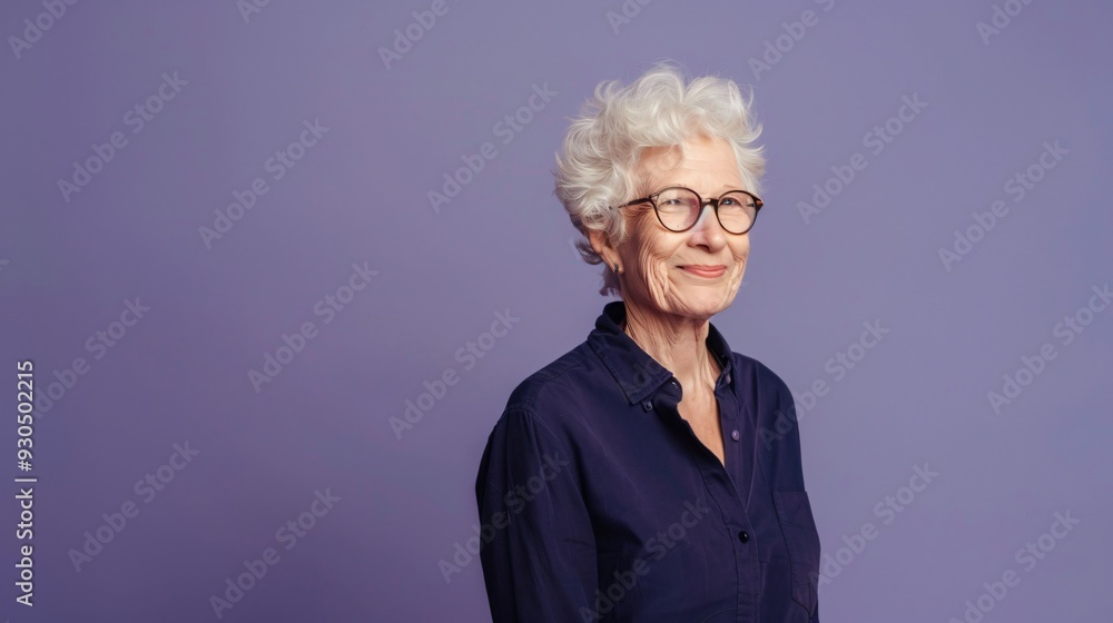 An elegant and fashionable elderly woman with a smile, purple background An elegant and fashionable elderly woman with a smile, purple background