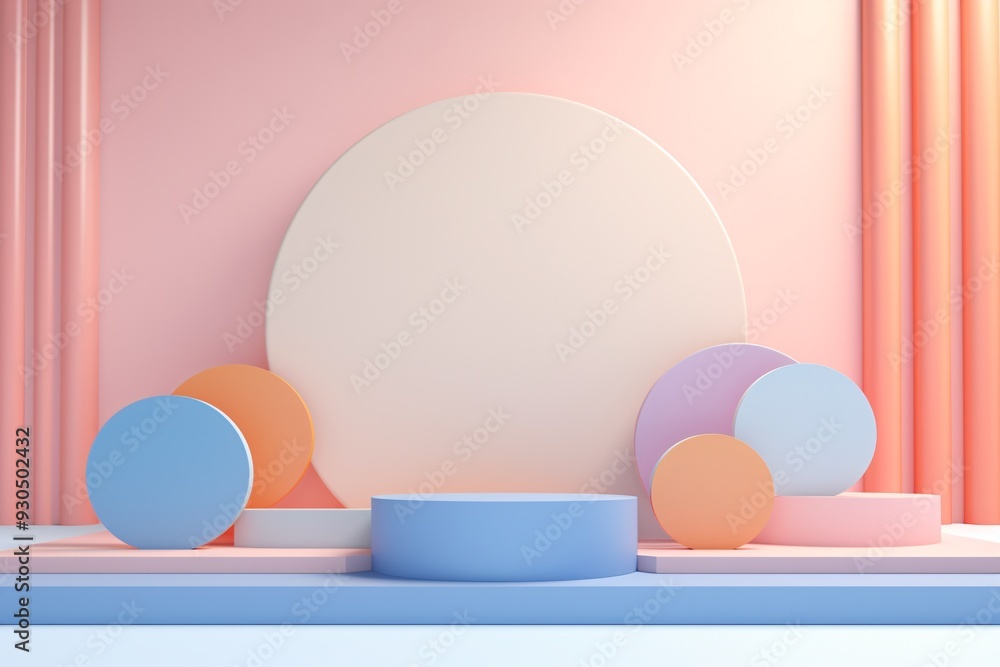 Fototapeta premium Pastel 3D podium background with 3D shapes composition, Pastel Podium Background, Abstract Podium Background, Pastel Geometric Shapes Compositions, AI Generative