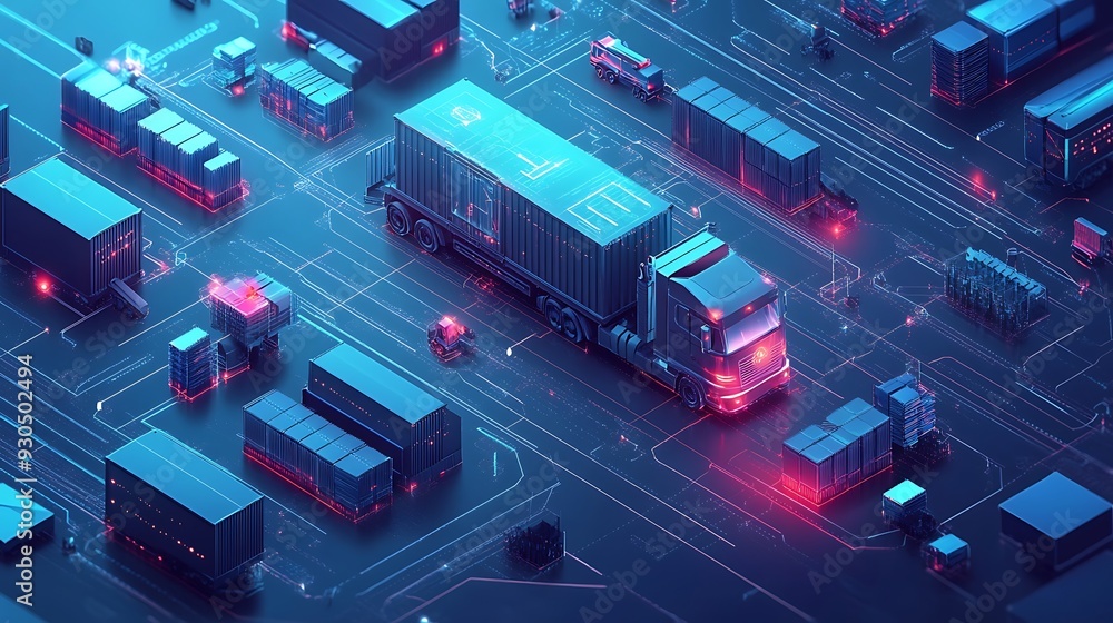 Semi-truck transporting cargo containers on a futuristic digital network. Semi-truck transporting cargo containers on a futuristic digital network.