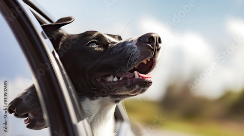 A dog enjoying a car ride with its head out the window, symbolizing freedom and joy.