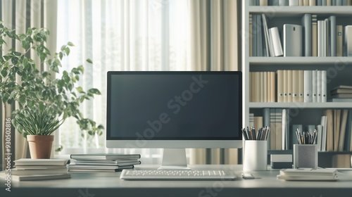 Wallpaper Mural A Modern Workspace featuring a Computer and a Stylish Bookshelf for an Inspiring Environment Torontodigital.ca