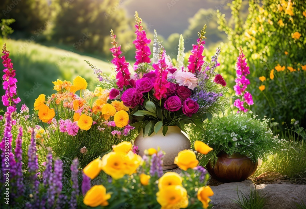 Obraz premium lush colorful floral arrangements set peaceful serene landscape natural elements soft background, bouquet, blooms, blossoms, garden, flowers, foliage