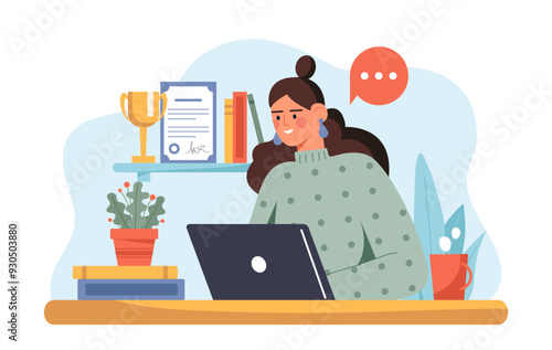 Woman with skills training. Young girl with laptop near gold cup and diploma. Student does her homework. Remote education and training. Knowledge on internet. Flat vector illustration