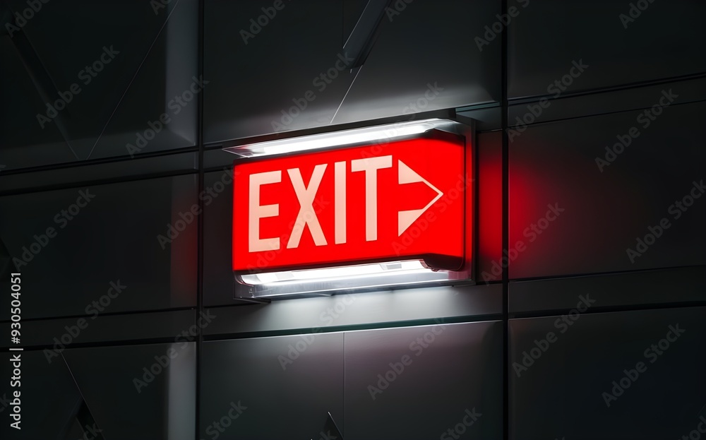 Modern Red Exit Sign with Arrow on Dark Abstract Background Modern Red Exit Sign with Arrow on Dark Abstract Background