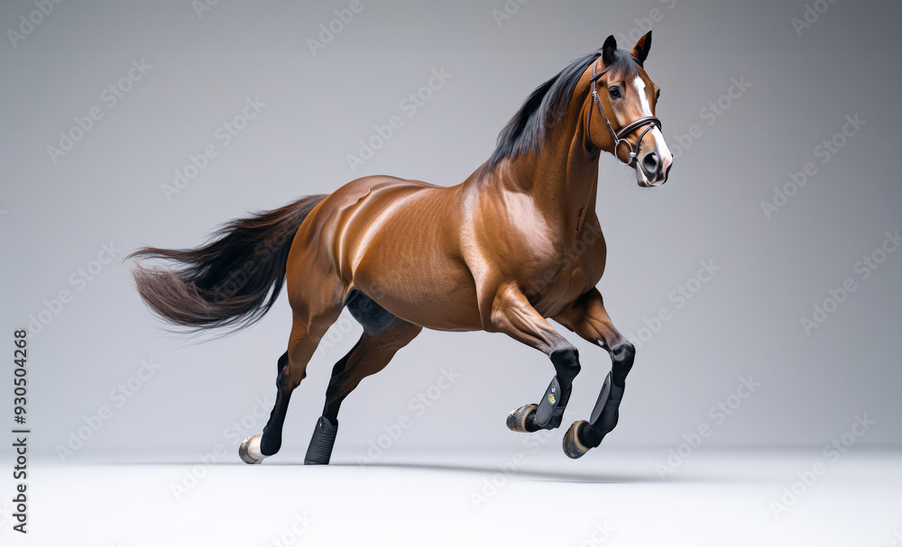 Obraz premium A stunning brown horse in mid-gallop, showcasing its strength and elegance against a simple backdrop.