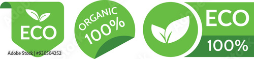 Organic, eco, vegan and bio food labels. Healthful food brand logos for are employed to market natural products.