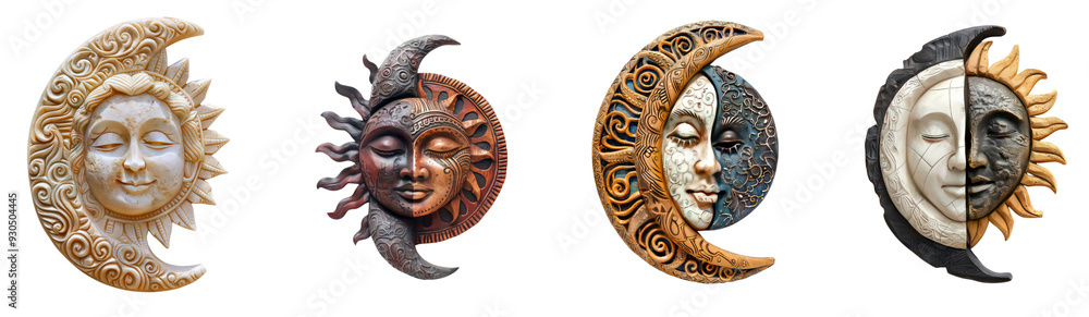 Set of a sun and moon face sculpture with intricate carvings isolated on transparent background. Set of a sun and moon face sculpture with intricate carvings isolated on transparent background.