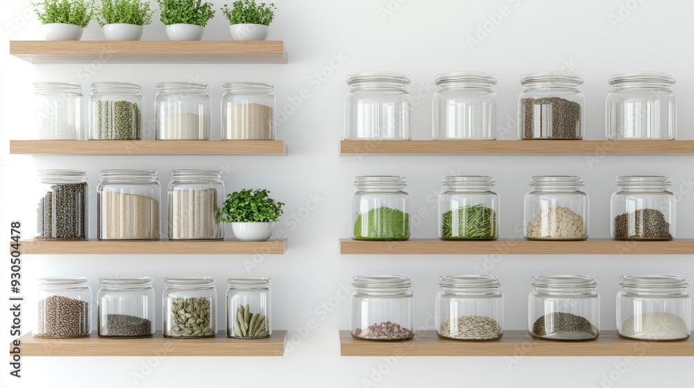 Colorful spice and seed jars neatly lined up on wooden shelves create an organized and vibrant display in a simple, minimalist style Colorful spice and seed jars neatly lined up on wooden shelves create an organized and vibrant display in a simple, minimalist style