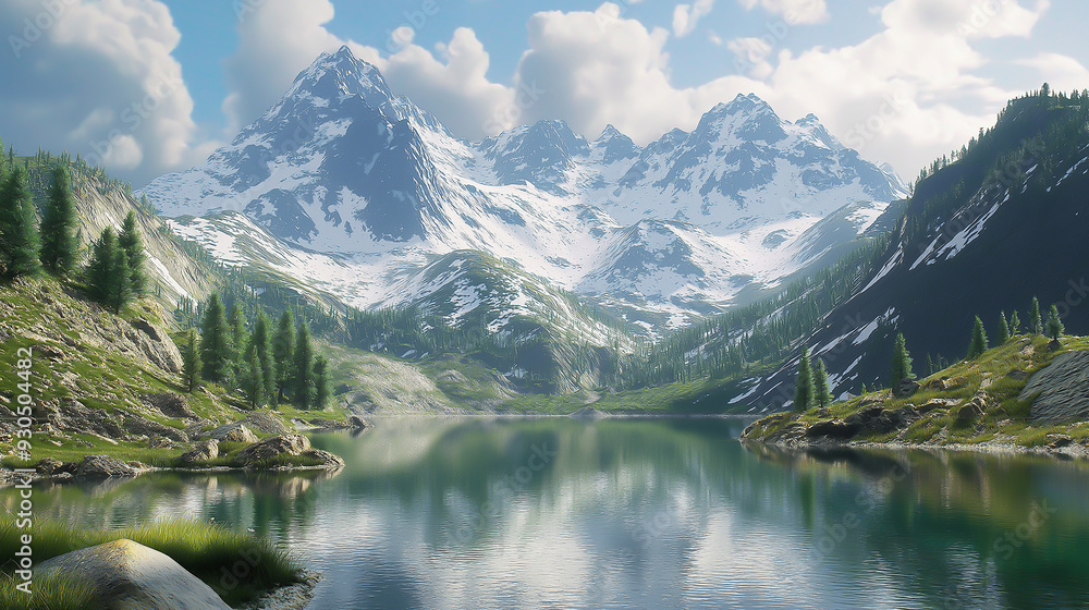 Majestic, snow-covered peaks, alpine meadows, serene, high quality, photorealistic, mountain range, crystal-clear lakes, untouched wilderness, panoramic Majestic, snow-covered peaks, alpine meadows, serene, high quality, photorealistic, mountain range, crystal-clear lakes, untouched wilderness, panoramic